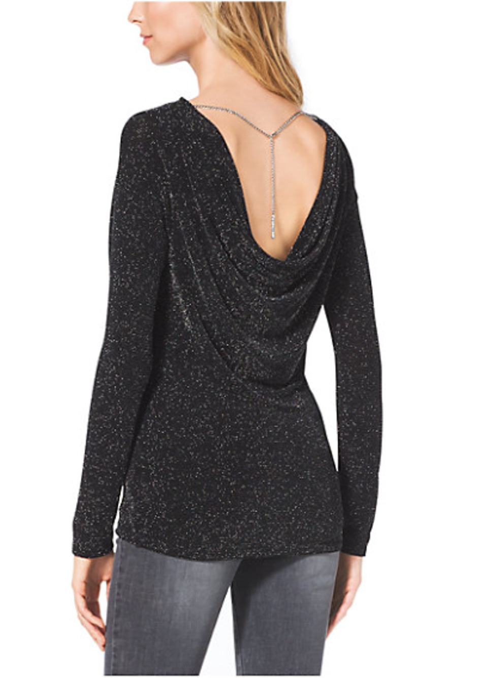 Michael Kors Sparkly Long Sleeve Cowl Back Black Blouse Top Metallic Size Medium